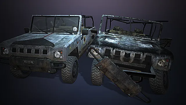 两种状态小型吉普车  正常的吉普车  被炮弹击中的吉普车