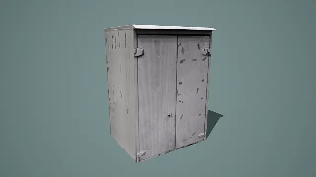 写实风格3D破损工业柜模型,创意设计(写实破损工业柜、3D模型、银灰主色调、双开门结构、锈蚀与划痕细节、锁具与合页)