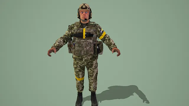 写实风格3D现代士兵角色模型，创意设计（写实现代士兵、3D模型、迷彩服、战术装备、头盔、灰色背景、独特造型 ）