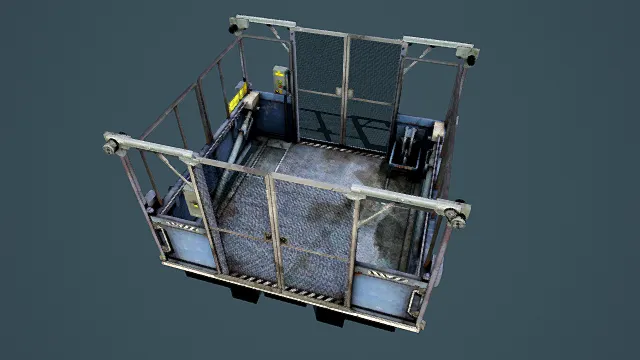 写实风格3D工业升降笼模型,创意设计(写实工业升降笼、3D模型、金属网格结构、操作面板与警示标识、磨损质感)