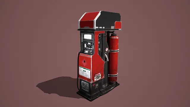 卡通风格3D复古加油机模型,创意设计(卡通复古加油机、加油机造型、红色气罐、黑色油枪)