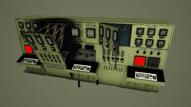 破损工业控制台3D写实模型,创意设计(写实破损工业控制台、多仪表与按钮、暴露线路与破损面板、键盘细节)