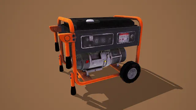 写实风格3D发电机模型,创意设计(写实发电机、橙黑配色框架、黑色机身、仪表控制面板、机械引擎结构、单轮移动设计)