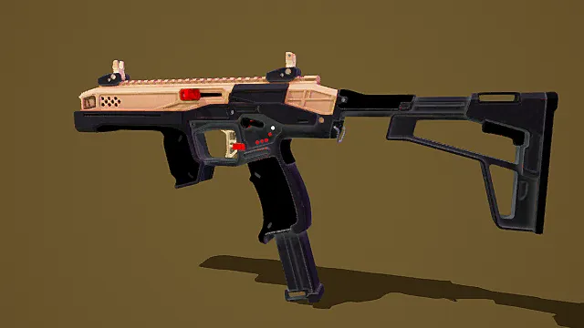 卡通风格3D枪械模型,创意设计(卡通枪械、3D模型、粉色主体、黑色部件、黄色背景、独特造型 )