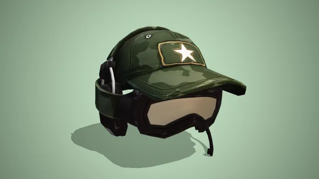 军绿色带沿帽戴有头戴式耳机护目镜