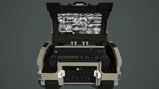 卡通风格3D科幻监控终端箱模型,创意设计(卡通科幻监控终端箱、终端箱造型、翻盖式结构、多画面监控屏幕、复杂按键面板)