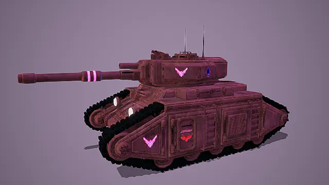 科幻风格3D坦克模型,创意设计(科幻坦克、3D模型、深红色金属车身、黑色履带、炮管粉色环形装饰)