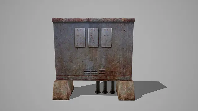 写实风格3D复古金属机柜模型,创意设计(写实复古金属机柜、3D模型、锈迹金属质感、铆钉与面板结构、散热格栅细节)