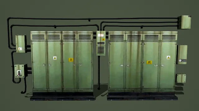 写实风格3D工业电力柜组模型,创意设计(写实工业电力柜组、3D模型、绿灰黑主色调、多柜体结构、管道与接线盒、警示标识)
