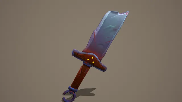 卡通风格3D奇幻长剑模型,创意设计(卡通奇幻长剑、3D模型、红蓝棕主色调、渐变剑身、发光细节、木质与金属质感剑柄)