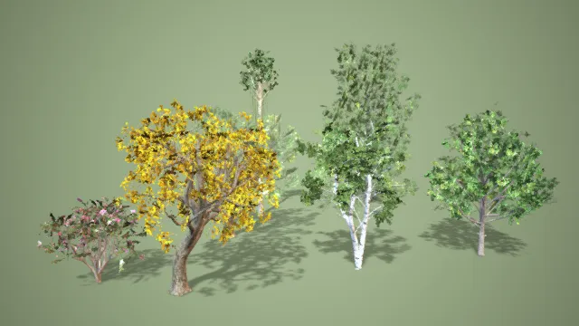 树木模型 粉色花树 灌木 杨树 柏树 黄色树叶 山树