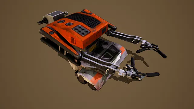 写实风格3D工业机械臂载具模型,创意设计(写实工业机械臂载具、机械臂与夹持部件、带孔面板与格栅细节、滚轮结构)