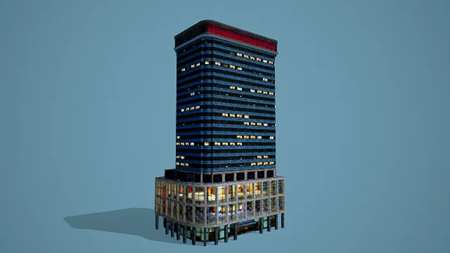 现代风格3D高层建筑模型，创意设计（现代高层建筑、3D模型、玻璃外墙、灯光效果、灰色背景、独特造型 ）