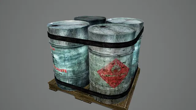 写实风格3D工业油桶组模型,创意设计(写实工业油桶组、3D模型、银灰红黑主色调、生锈油桶、危险标识、黑色绑带与木质托盘)