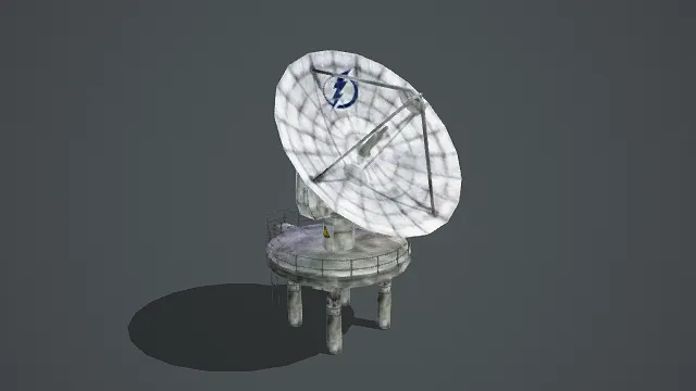 写实风格3D雷达装置模型,创意设计(写实雷达装置、灰白做旧碟形天线、闪电标志、金属支架结构、圆形平台、警示标识)