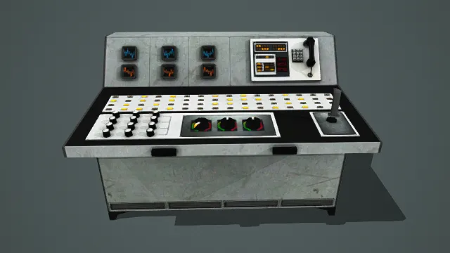 工业控制台3D写实风格模型,创意设计(写实工业控制台、3D模型、灰黑黄主色调、多仪表与按钮、旋钮与电话细节)