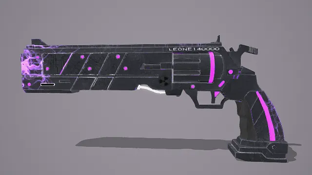 3D卡通风格黑紫科幻左轮模型,创意设计(3D手枪、卡通风格、炫酷科幻风,游戏枪械设计主题)