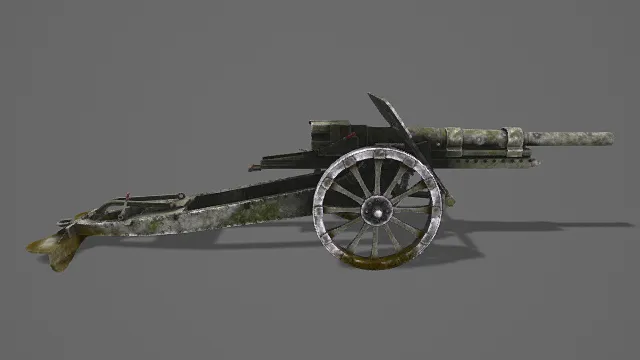 3D卡通风格老旧火炮模型,创意设计(3D火炮、卡通风格、复古做旧风,武器设计主题)