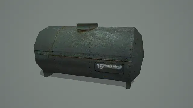 写实风格3D做旧柴油罐模型,创意设计(写实做旧柴油罐、卧式罐结构、“15 dieselkraftstoff”标识)