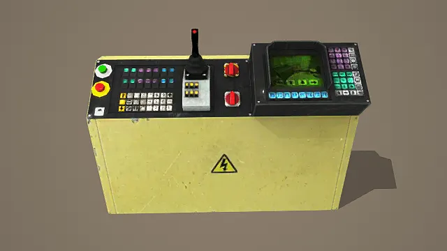 写实风格3D工业操控台模型,创意设计(写实工业操控台、黄绿黑主色调、多色彩按钮与旋钮、操纵杆、屏幕与键盘细节)