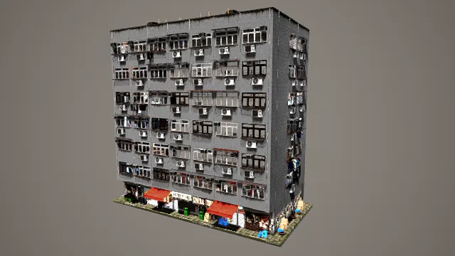 3D写实风居民楼建筑模型，创意设计（3D居民楼、写实风格、多层居民楼造型、都市写实、生活气息、建筑细节感）