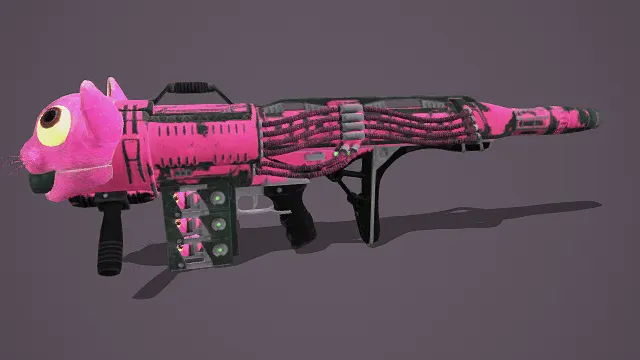 3D卡通风格猫咪造型武器模型,创意设计(3D武器、卡通风格、萌趣科幻风,武器设计主题)