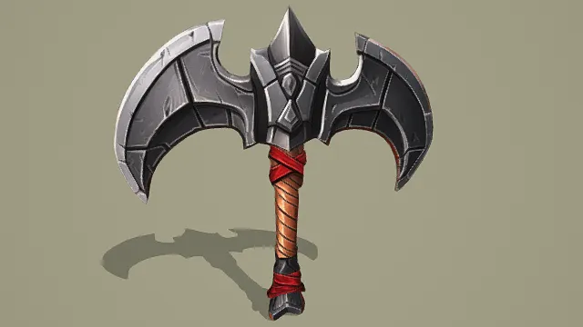 3D卡通风格银红棕系魔幻双刃斧模型，创意设计（3D武器、卡通风格、卡通魔幻风，游戏道具设计主题）