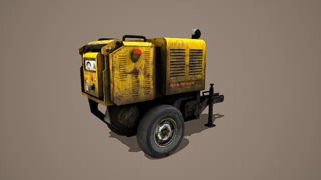 写实风格3D老式发电机模型,创意设计(写实老式发电机、3D模型、黄锈金属质感、带轮可移动、操作面板与警示标识)