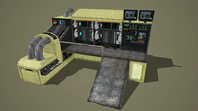 写实风格3D工业服务器控制台模型,创意设计(写实工业服务器控制台、多服务器单元、管道与屏幕细节、金属踏板与操控面板)