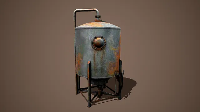 写实风格3D复古储液罐模型,创意设计(写实复古储液罐、3D模型、锈迹金属质感、圆柱形罐体、管道与圆形舱)