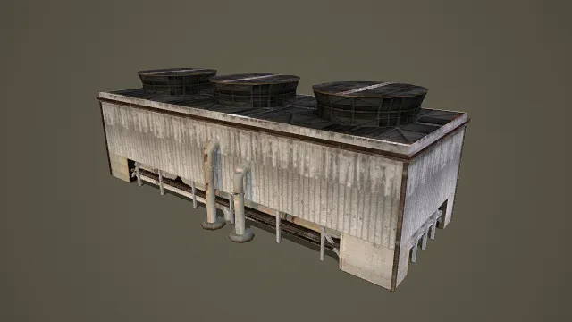 写实风格3D工业冷却塔模型,创意设计(写实工业冷却塔、3D模型、灰白黑主色调、金属与混凝土质感、多圆顶结构)