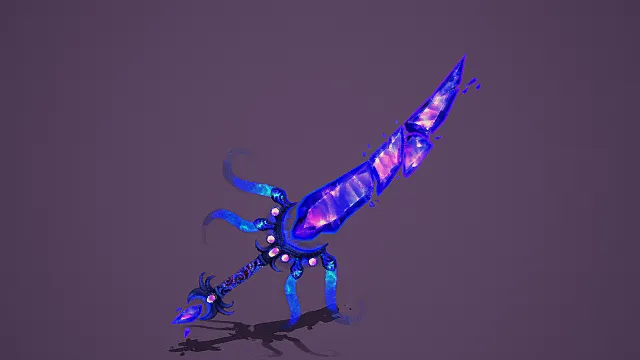 奇幻风格3D水晶剑模型,创意设计(奇幻水晶剑、3D模型、蓝色剑身、紫色水晶、灰色背景、神秘造型 )