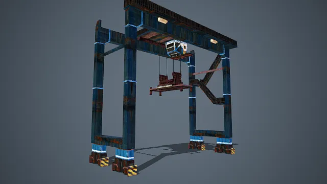 写实风格3D工业机械装置模型,创意设计(写实工业机械装置、3D模型、蓝红主色调、钢架结构、悬挂平台与操控舱)