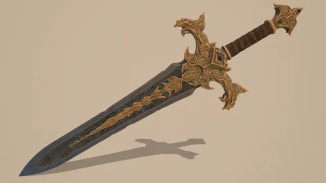 3D卡通风格神话长剑模型,创意设计(3D武器、卡通风格、神话风,武器设计主题)