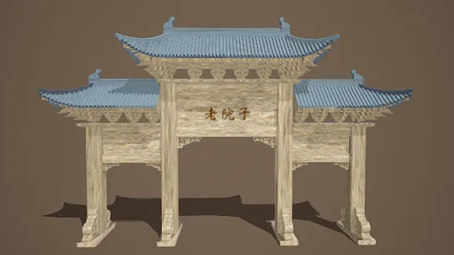 3D卡通风格中式牌坊模型,创意设计(3D物品、卡通风格、古朴雅致,文化主题,物品元素)