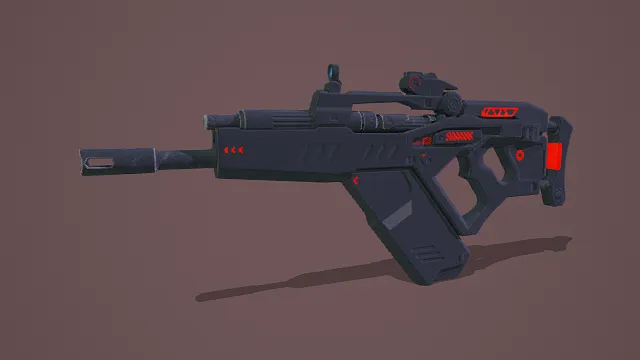 科幻风格3D枪械模型,创意设计(科幻枪械、3D模型、黑色主体、红色细节、瞄准镜、棕色背景、独特造型 )