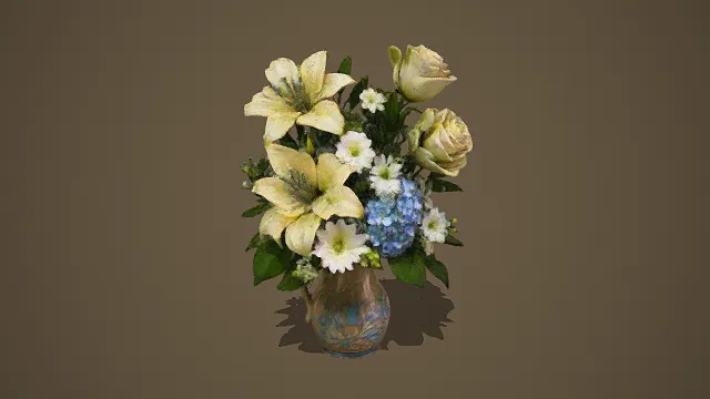 写实风格3D花艺插花模型,创意设计(写实花艺插花、3D模型、百合、玫瑰、小雏菊、绣球花、花叶搭配、彩釉花瓶)