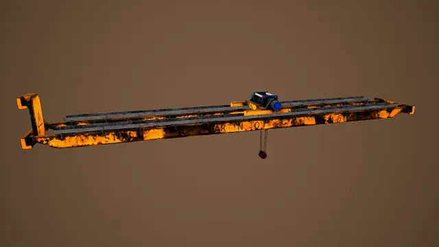 写实风格3D桥式起重机模型,创意设计(写实桥式起重机、3D模型、橙黑主色调、金属钢架结构、吊钩与滑轮细节)