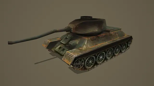 写实风格3D做旧坦克模型，创意设计（写实做旧坦克、绿棕锈色主色调、经典坦克结构、多负重轮、长炮管、斑驳锈蚀质感）