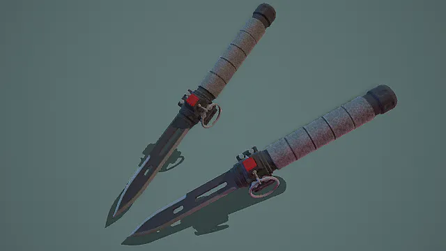 双持战术匕首3D模型,纹理手柄配红色细节设计