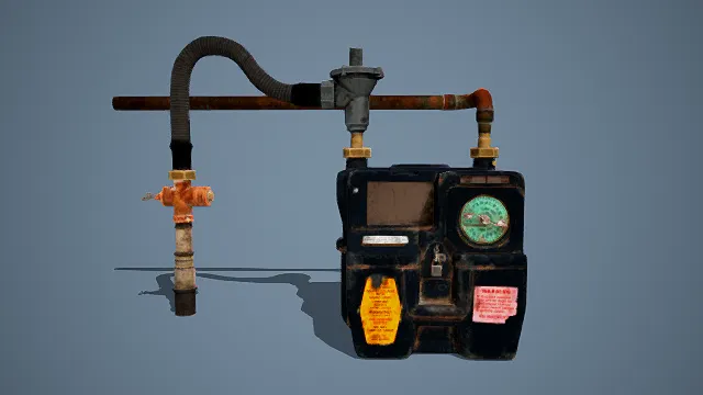 低多边形风格3D投币式燃气表模型,创意设计(低多边形投币式燃气表、黑棕橙主色调、管道与软管结构、仪表与警示标签)