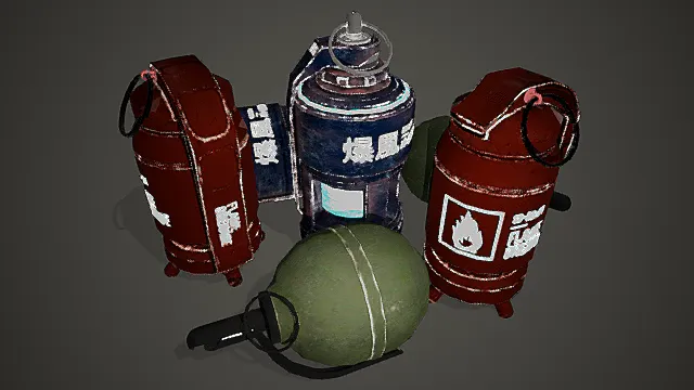 一套手榴弹,离子手榴弹、火焰手榴弹和 AP 手榴弹模型