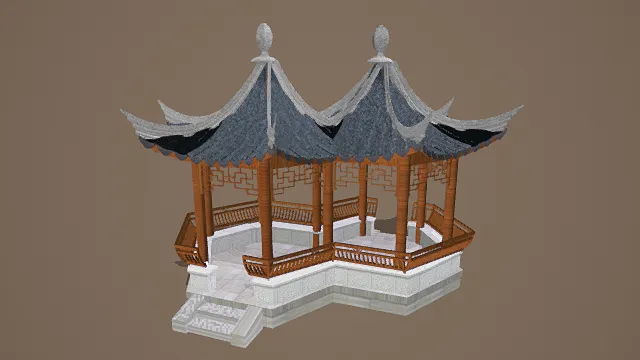 3D写实风格中式双连凉亭模型,创意设计(3D凉亭、写实风格、雅致灵动,中式园林主题,建筑元素)