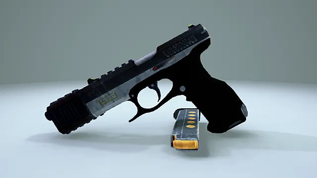 写实风格3D手枪模型,军事设计(写实手枪、3D模型、黑色主体、银色部件、黄色弹匣、灰色背景 )