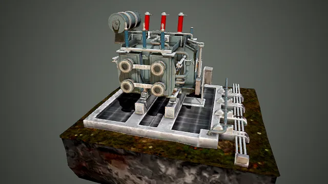 写实风格3D电力设备模型,创意设计(写实电力设备、3D模型、银灰红主色调、金属机械结构、管道与绝缘子细节)