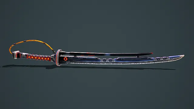 科幻风格3D武士刀模型,创意设计(科幻武士刀、3D模型、金属质感、橙色装饰、灰色背景、独特造型 )