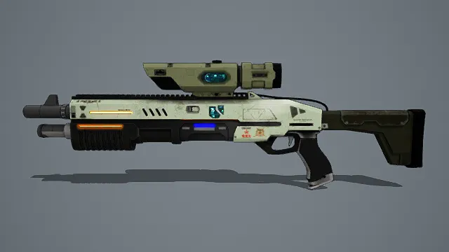 卡通风格3D科幻步枪模型,创意设计(卡通科幻步枪、3D模型、白绿黑主色调、步枪造型、智能瞄准镜、发光元件、科技感涂装)