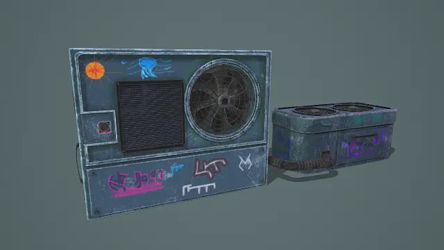 卡通风格3D赛博朋克空调模型,创意设计(卡通赛博朋克空调、空调造型、风扇结构、涂鸦装饰、连接副机、赛博朋克主题)