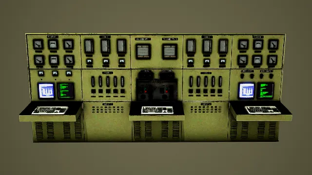 写实风格3D工业控制台模型,创意设计(写实工业控制台、3D模型、黄绿黑主色调、多仪表与按钮、屏幕与键盘细节)