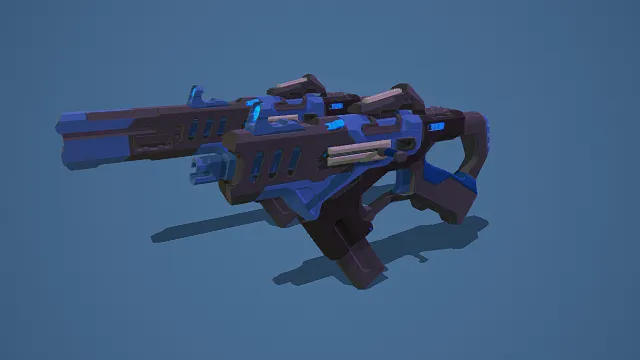 科幻风格3D双枪模型,创意设计(科幻双枪、3D模型、蓝黑配色、发光细节、未来感造型、蓝色背景、独特设计 )